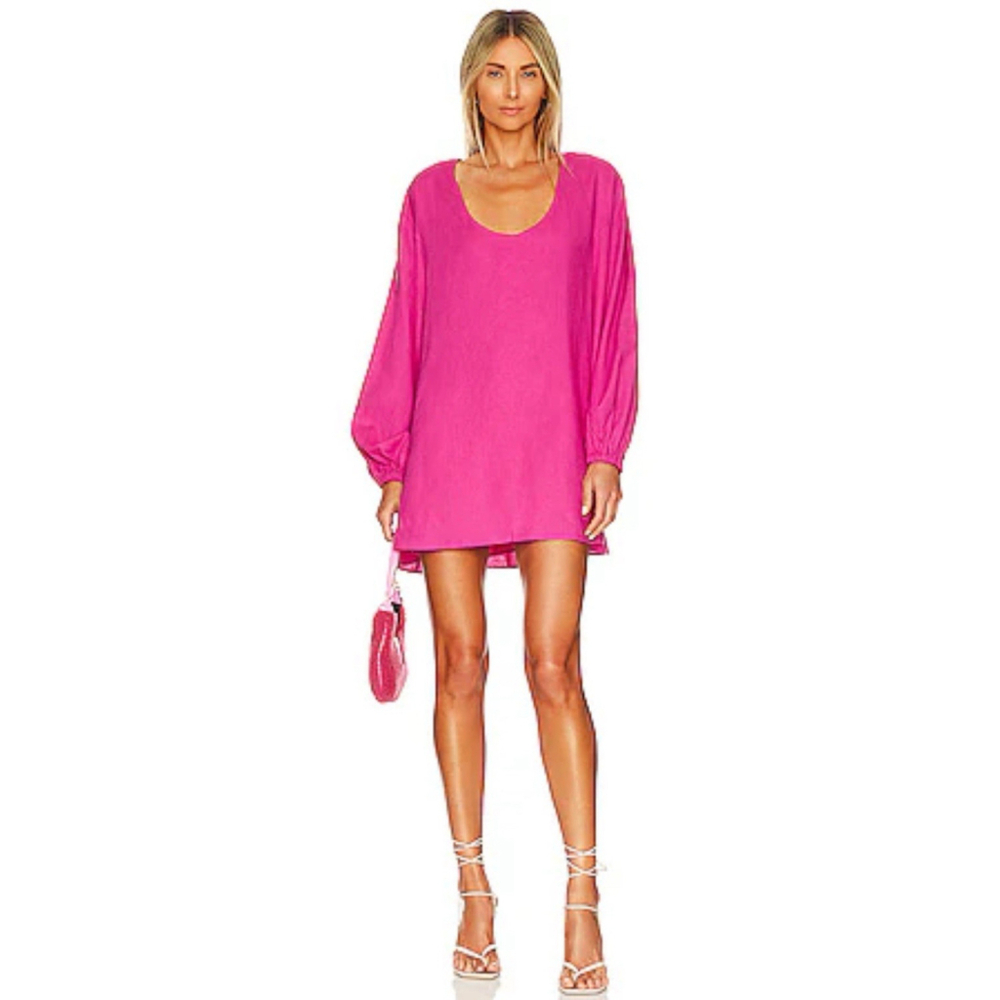 Lovers And Friends Moda Mini Dress Linen Hot Pink Blouson Sleeve Babydoll Large